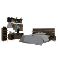 Manhattan Comfort 153GMC5 Rockefeller 7-Piece Bedroom Set with Headboard, Nightstand, TV Stand, Shoe Storage and Floating Hanging Shelves in Brown